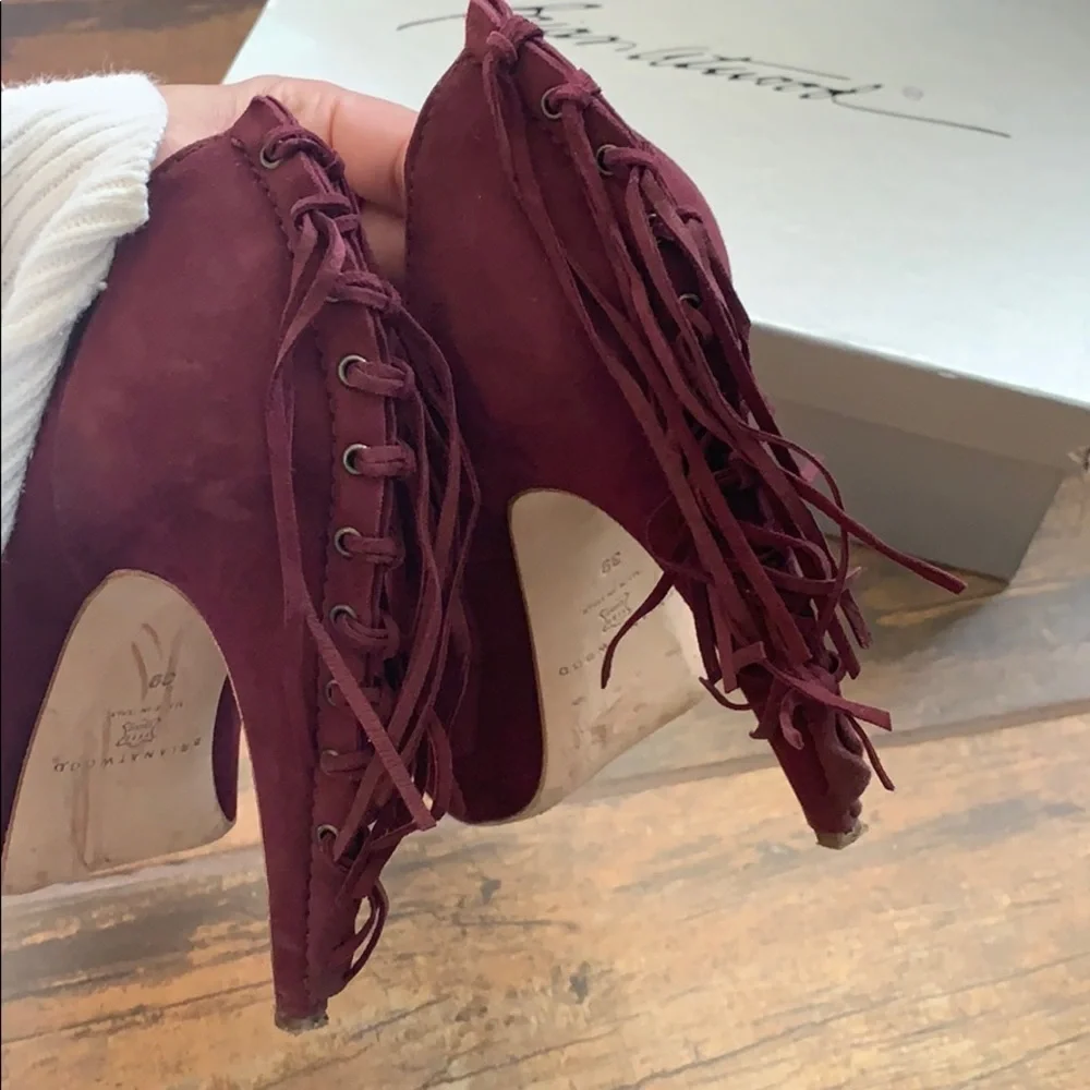 Brian Atwood suede fringe platform heels